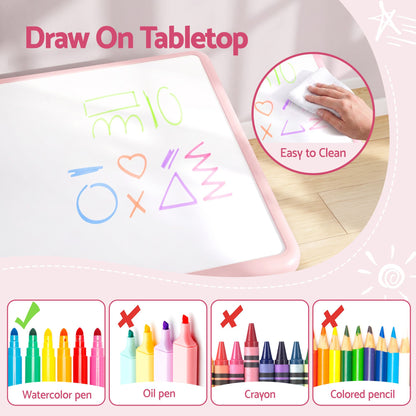 Kids activity table with white drawing surface; marker and crayon use icons shown