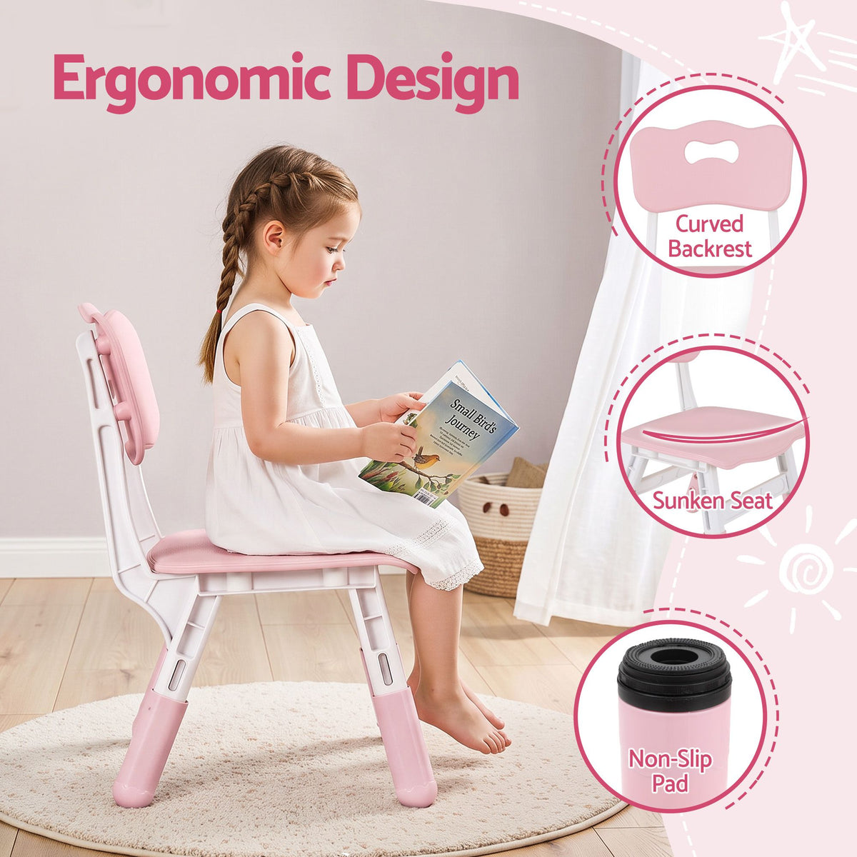 Kids activity chair with curved back and non-slip pad; child seated at table