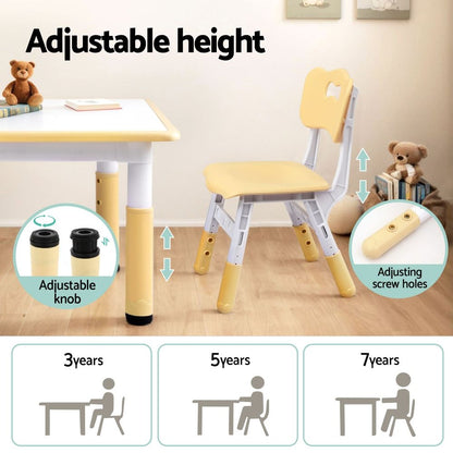 Keezi Kids Table and 4 Chairs Set Height Adjustable Toddler Desk and Chair Set for Ages 3-8, Children Activity Table with Graffiti Desktop for Learning Drawing Playing, Yellow