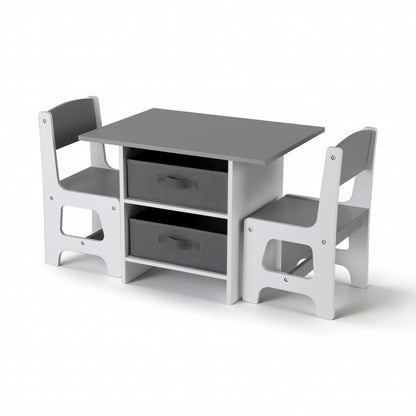 Keezi Kids Table and 2 Chairs Set Wooden Activity Table wit 2 Storage Drawers, Toddler Table and Chair Set for Children Drawing, Reading, Crafts, Eating, Grey