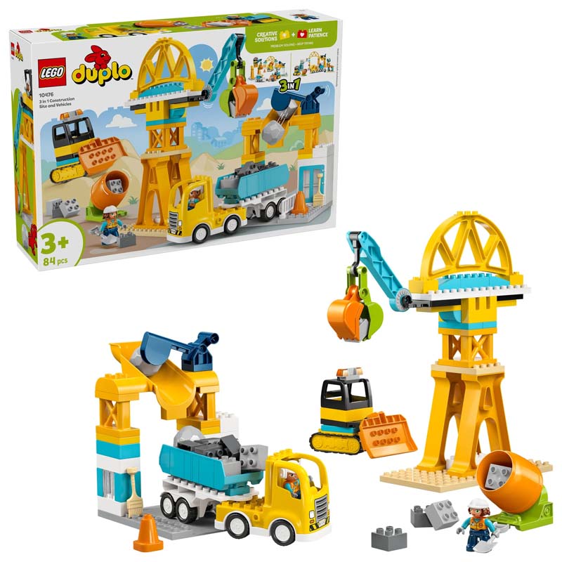 LEGO DUPLO 3-in-1 construction set box with crane and vehicles