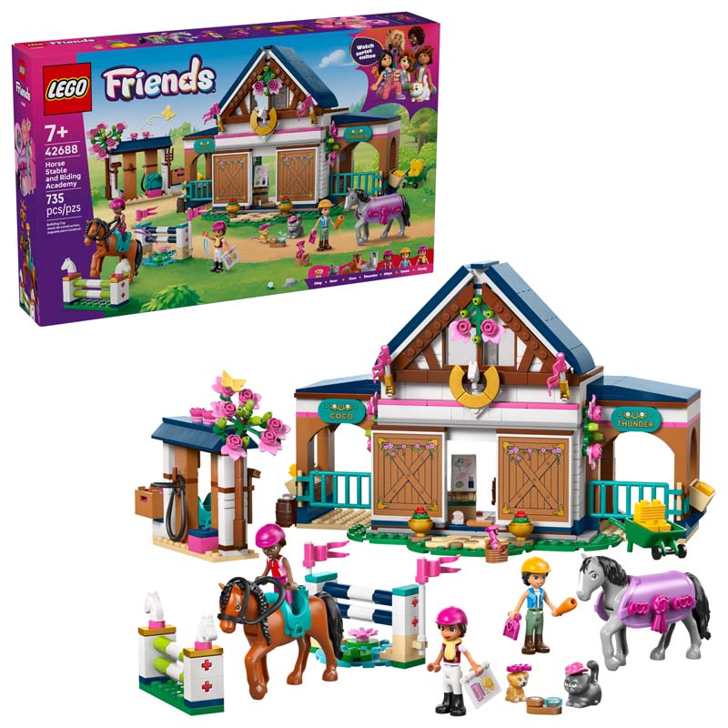 LEGO Friends horse stable building set with minifigures and horses, in box