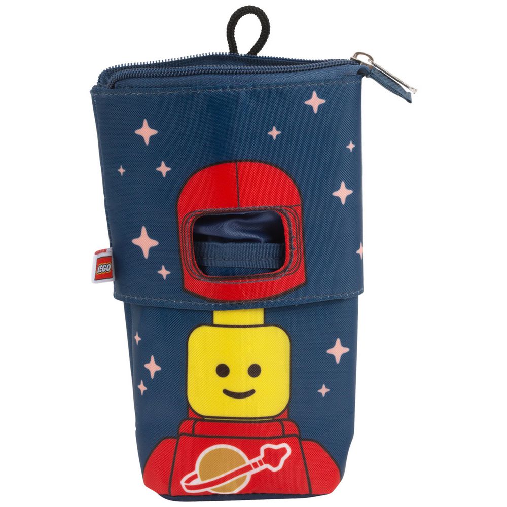 Blue pencil pouch with LEGO spaceman graphic, star print, front zip pocket