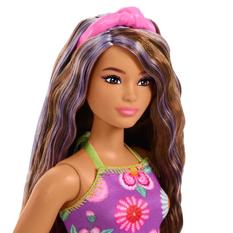 Barbie Fashionistas Doll #244 with Floral Halter Dress, Purple-Streaked Brown Hair