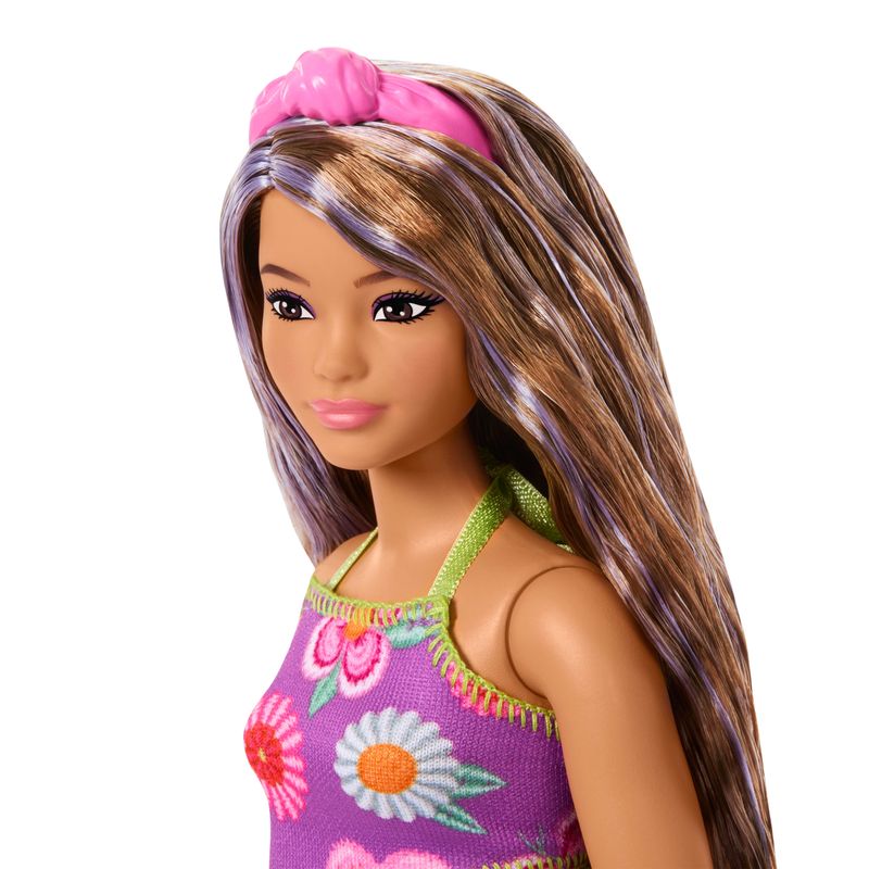 Barbie Fashionistas Doll #244 with Floral Halter Dress, Purple-Streaked Brown Hair