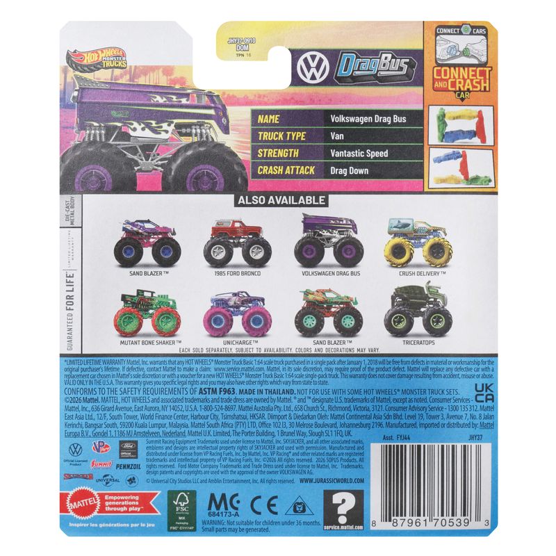 Hot Wheels Monster Trucks  1:64 Scale Die-Cast Toy  Volkswagen Drag Bus