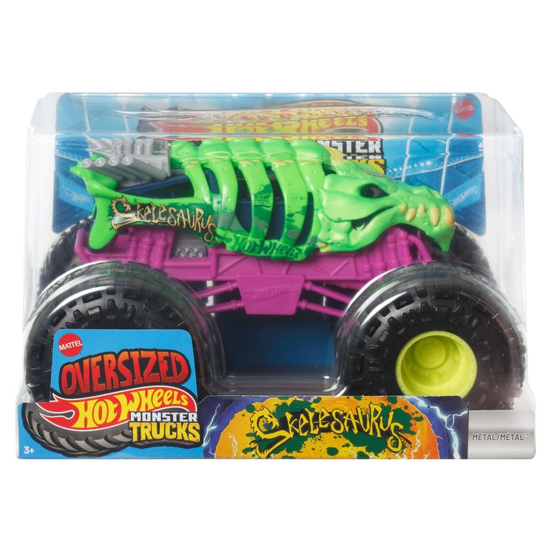 Crush obstacles and dominate the arena with the Oversized Skelesaurus Monster Truck.