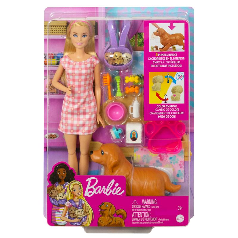Barbie Doll Newborn Pups Playset with Blonde Doll Mommy Dog and 3 Puppies
