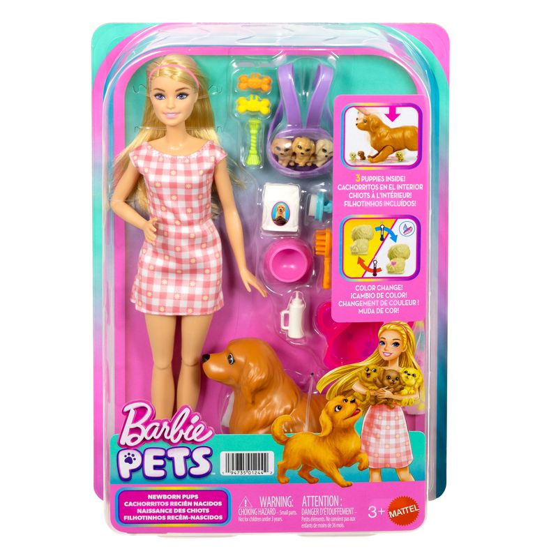 Barbie Doll Newborn Pups Playset with Blonde Doll Mommy Dog and 3 Puppies