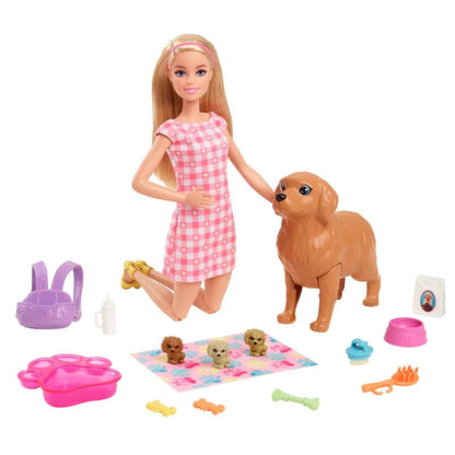 Barbie Doll Newborn Pups Playset with Blonde Doll Mommy Dog and 3 Puppies