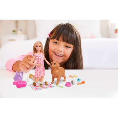 Barbie Doll Newborn Pups Playset with Blonde Doll Mommy Dog and 3 Puppies