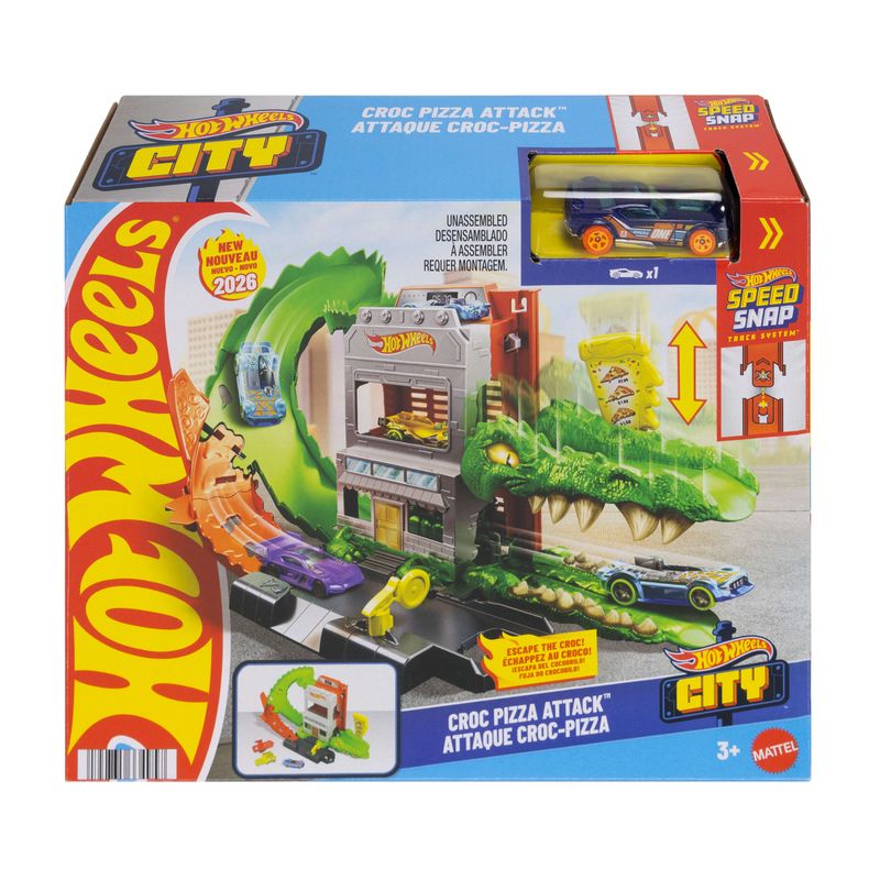Hot Wheels City Croc Pizza Attack Playset & 1:64 Scale Toy Car Speed Snap Track Compatible