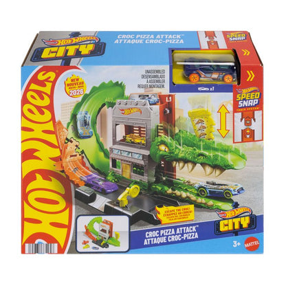 Hot Wheels City Croc Pizza Attack Playset & 1:64 Scale Toy Car Speed Snap Track Compatible