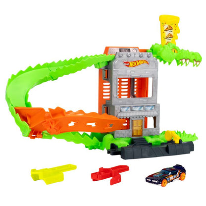 Hot Wheels City Croc Pizza Attack Playset & 1:64 Scale Toy Car Speed Snap Track Compatible