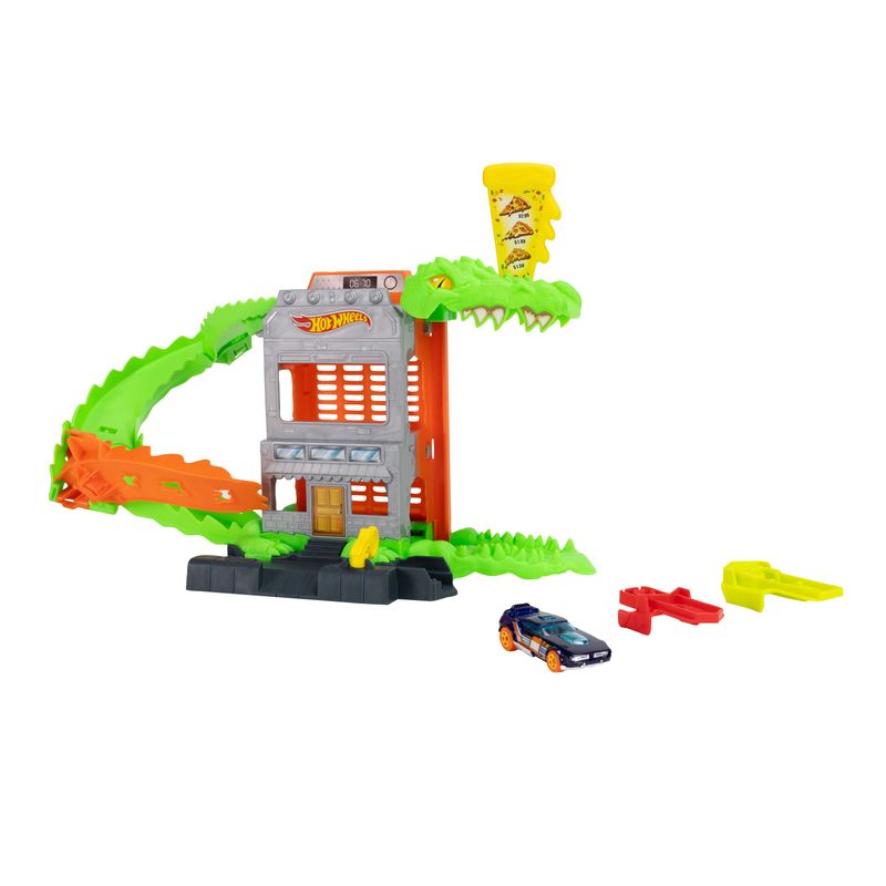 Hot Wheels City Croc Pizza Attack Playset & 1:64 Scale Toy Car Speed Snap Track Compatible