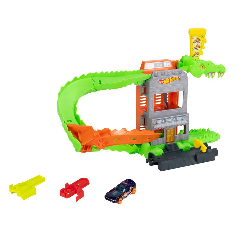 Hot Wheels City Croc Pizza Attack Playset & 1:64 Scale Toy Car Speed Snap Track Compatible