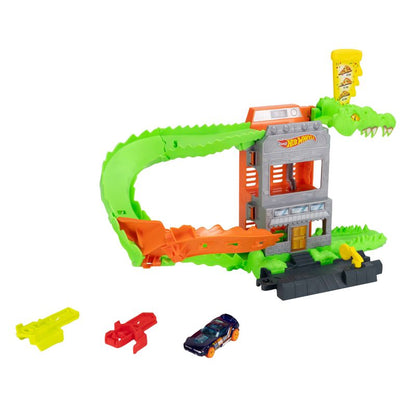 Hot Wheels City Croc Pizza Attack Playset & 1:64 Scale Toy Car Speed Snap Track Compatible