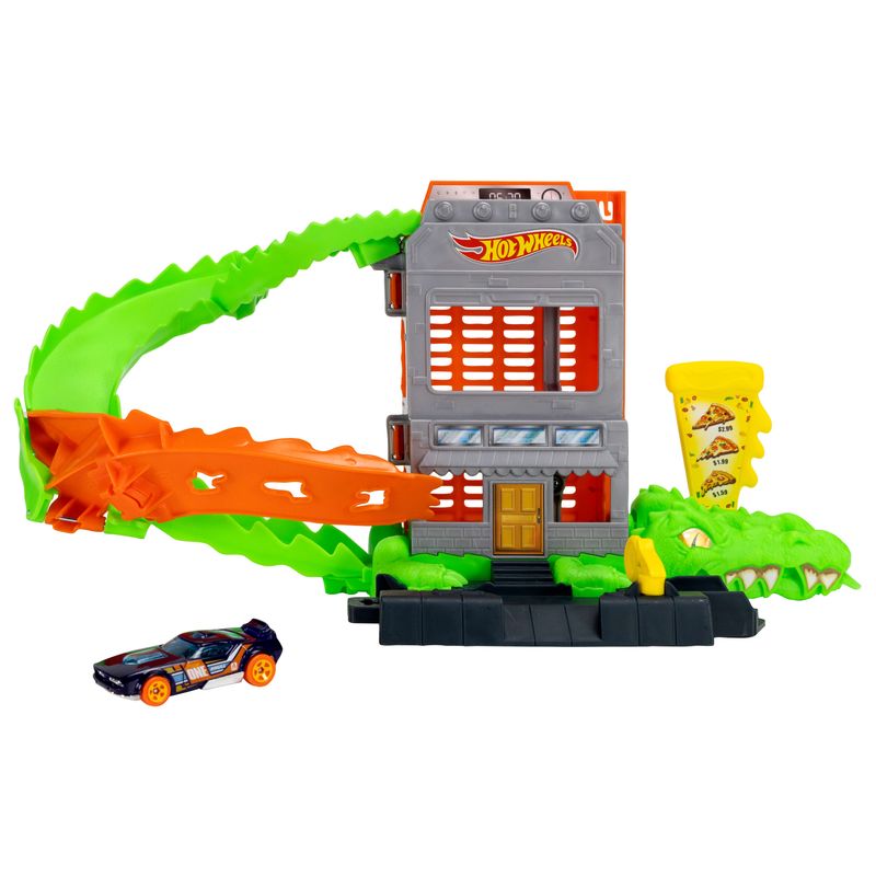 Hot Wheels City Croc Pizza Attack Playset & 1:64 Scale Toy Car Speed Snap Track Compatible