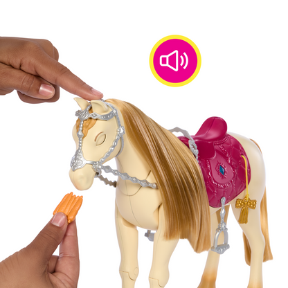 Create unforgettable stories with the Barbie Dance And Show Horse, featuring exciting horse play, interactive features, and classic Barbie fun