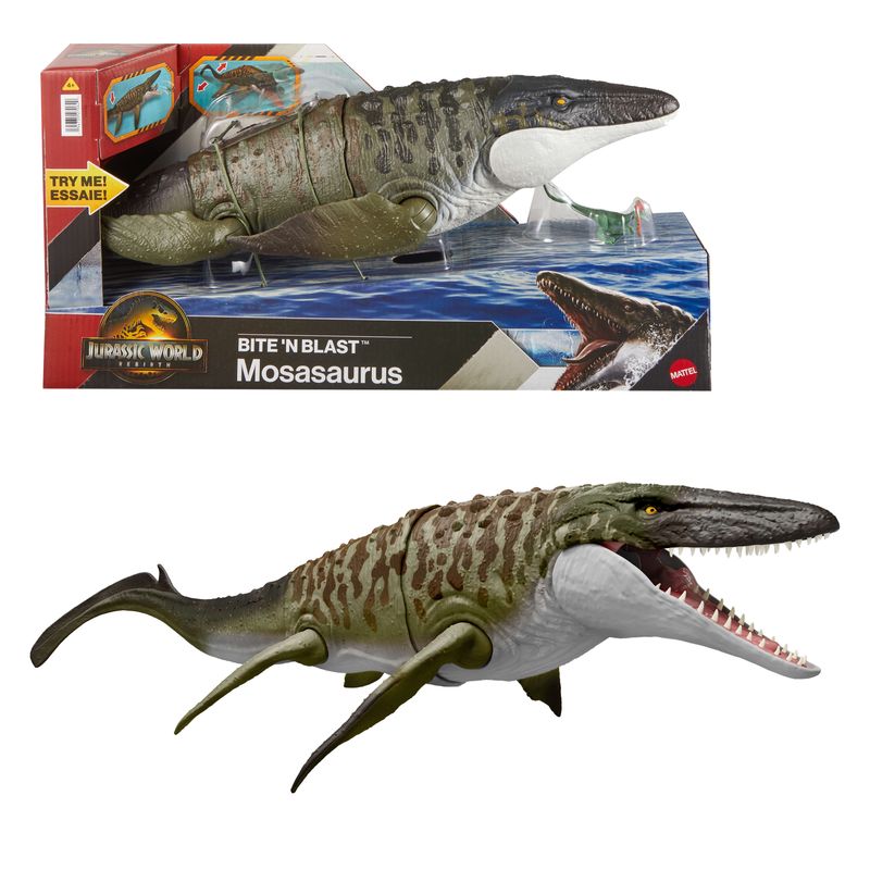 Jurassic World Rebirth Bite N Blast Mosasaurus Action Figure and Mini Dilophosaurus