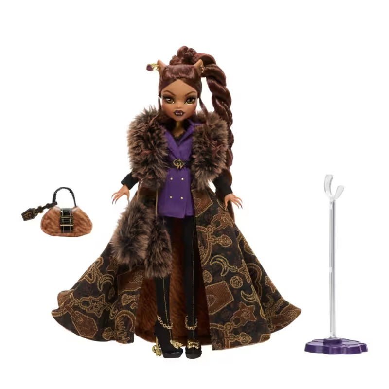 Step into the world of Monster High with Clawdeen Wolf in her stunning House of Wolf outfit, complete with a fashionable statement coat.