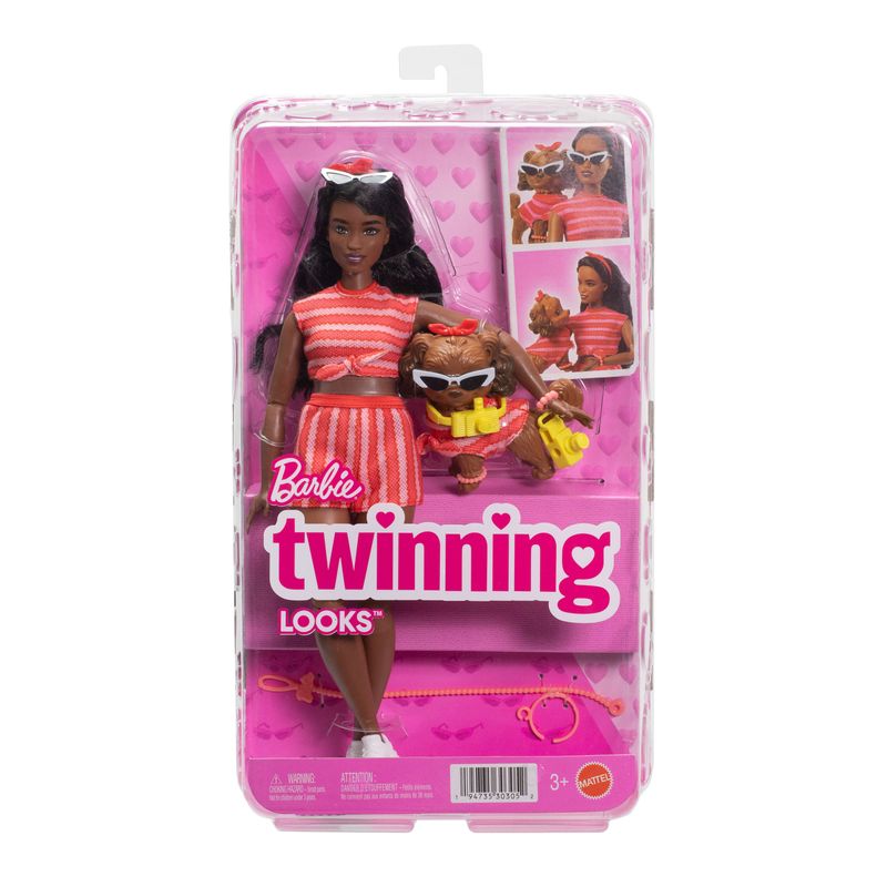 Barbie Twinning Looks Fashion Doll with Pet Dog, Black Hair