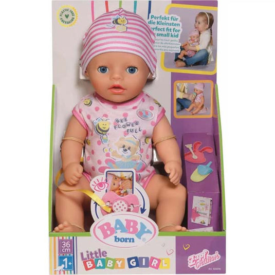 36 cm baby girl doll in pink printed bodysuit and striped hat, shown in retail box