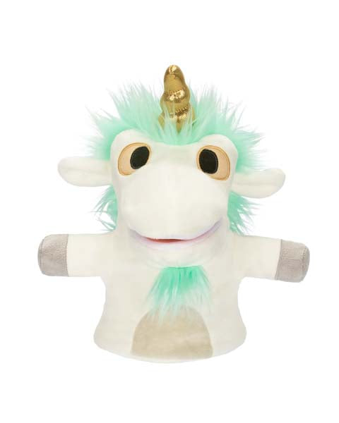 Plush unicorn toy with white body, teal mane, large eyes, and gold horn