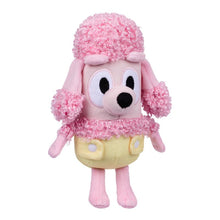 A pink poodle-shaped plush toy with curly pink hair, floppy ears, large white eyes, a black nose, and a pale yellow belly, shown against a plain white background.