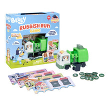 Bluzy Rubbish Run game set with toy truck and cards on a white background