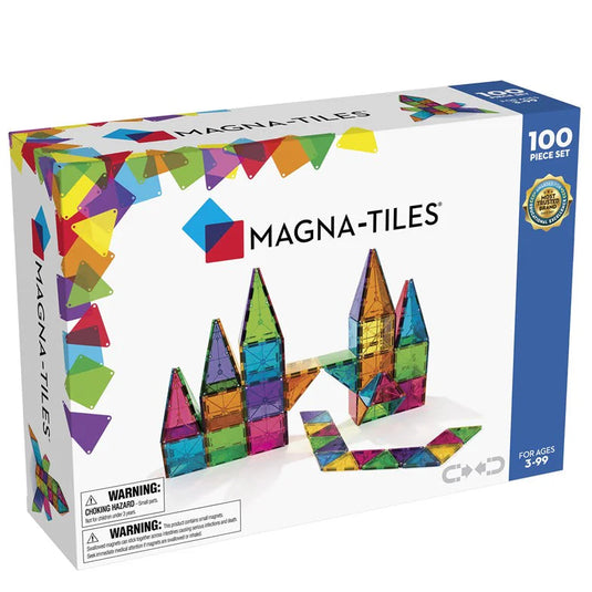 100-piece magnetic tile set box with colorful transparent pieces