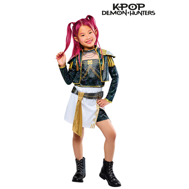 Deluxe K-pop costume set with gold-and-blue jacket, white skirt, pink hair, black boots