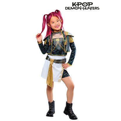 Deluxe K-pop costume set with gold-and-blue jacket, white skirt, pink hair, black boots