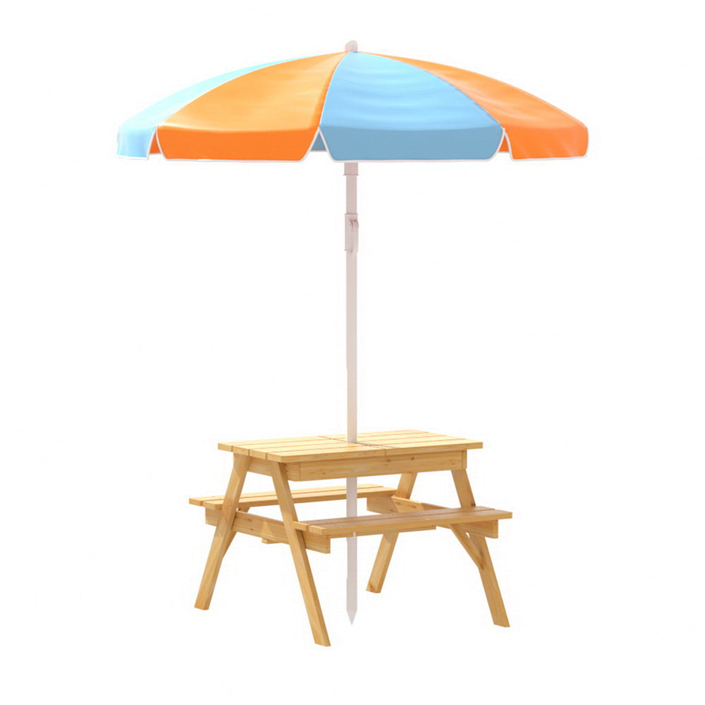 Kids outdoor picnic table and bench set with colorful umbrella, orange and blue canopy