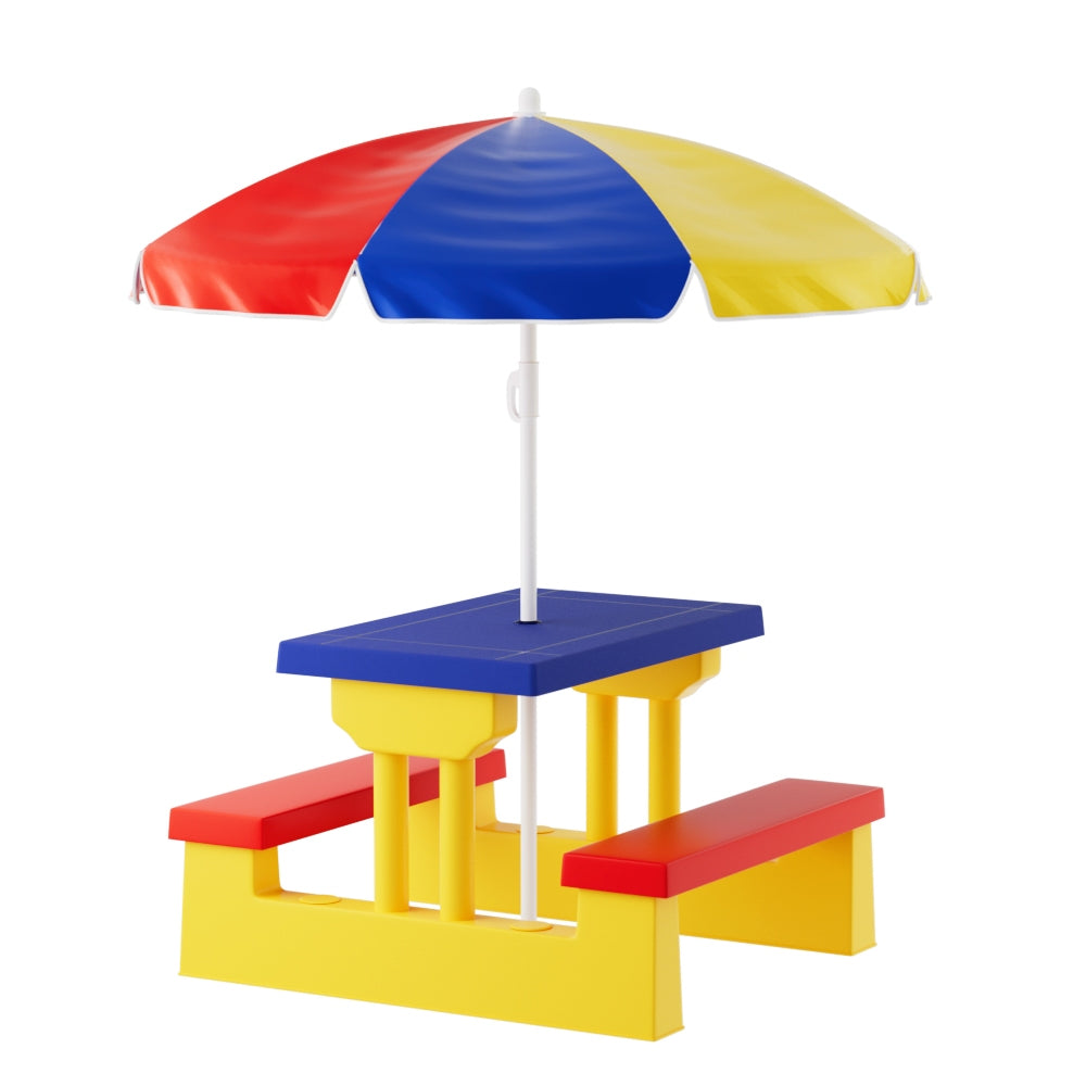 Kids table and chair set with adjustable umbrella, red blue yellow canopy and yellow base