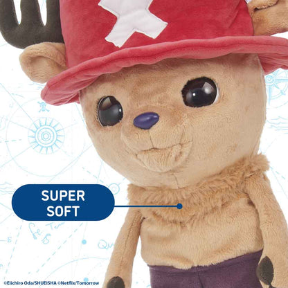 Close-up of Chopper plush puppet's soft tan face, red hat, and purple shorts