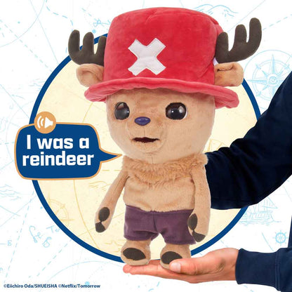 Chopper plush puppet with antlers, red hat, and purple shorts, shown in a speaking pose