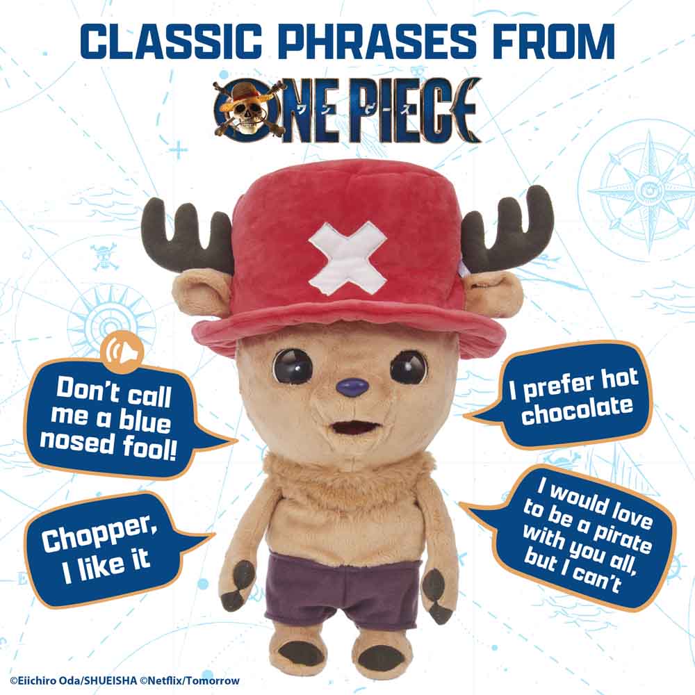 Chopper plush puppet wearing a red hat with a white cross and purple shorts