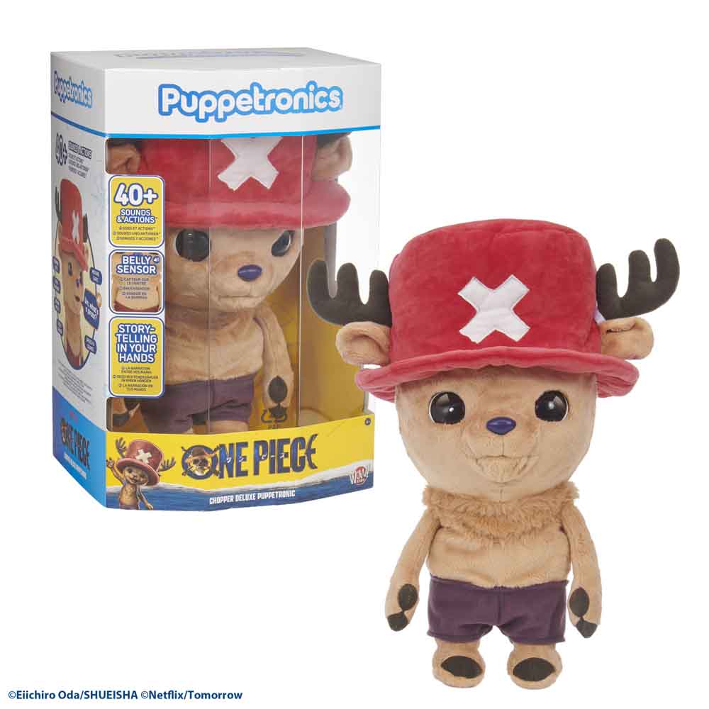 Chopper plush puppet with red hat and purple shorts, shown beside its retail box