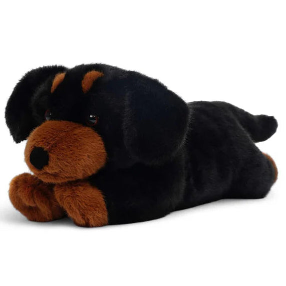 Black and brown plush dachshund dog toy lying down