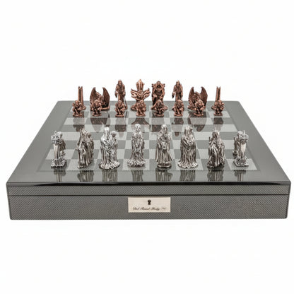 Dal Rossi Italy Evil Ring Metal Chess Set on Carbon Fibre Shiny Finish Chess Box 20” with compartments