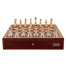 Dal Rossi Italy Chess Set with Shiny Mahogany Chess Box 18” with drawers and Modern Staunton Style Gold and Silver Chess Pieces