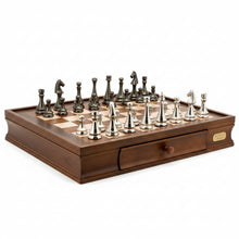 Dal Rossi Italy Chess Set Walnut Finish 20″ With Two Drawers, With Metal Dark Titanium and Silver Chessman 85mm