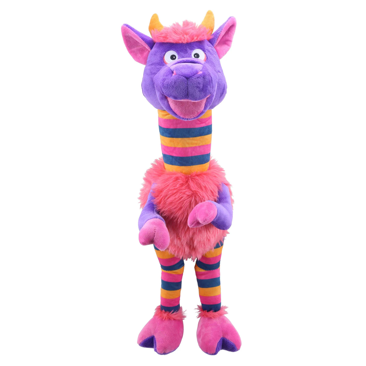 Purple plush dragon puppet with striped legs and pink furry belly, orange horns