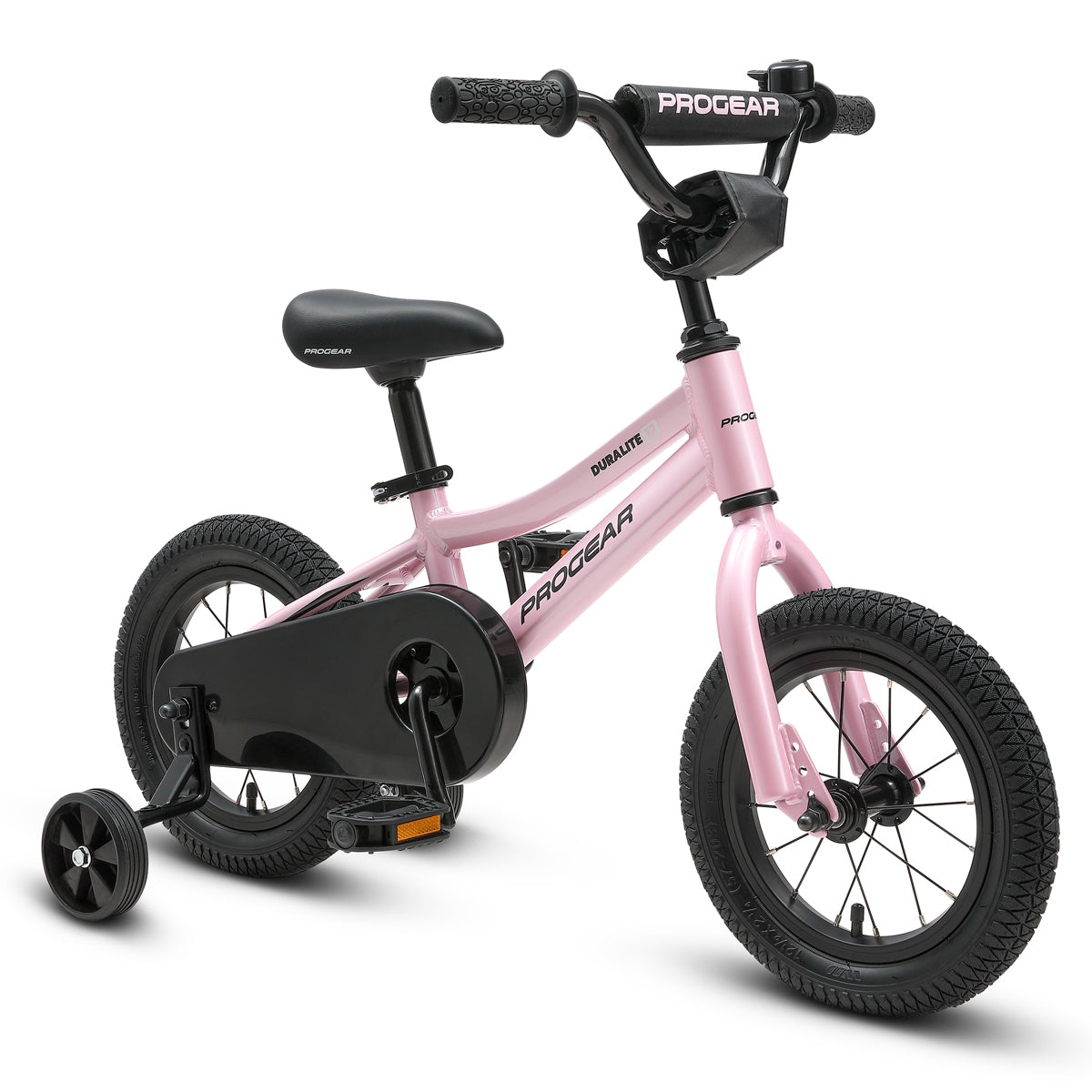 12-inch kids bike with pink frame, black handlebars, seat, and training wheels