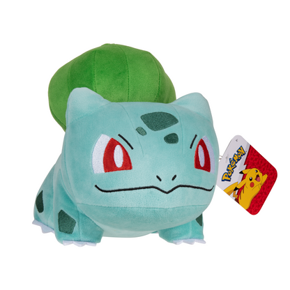 Bulbasaur plush with green back, light blue face, red eyes; includes hang tag