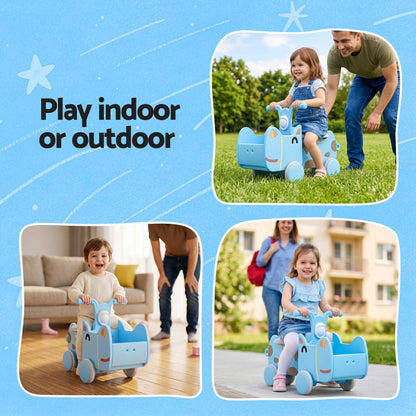 KEEZI Kids Ride On Push Car Toys with Storage Space Animal Stickers Blue 67CMX43CM