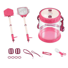 Pink kids insect kit with observation bucket, mesh net, shovel, clamp, and ropes