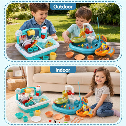 Keezi Kids Pretend Kitchen Sink and Water Playset Fishing Game Toys Play food