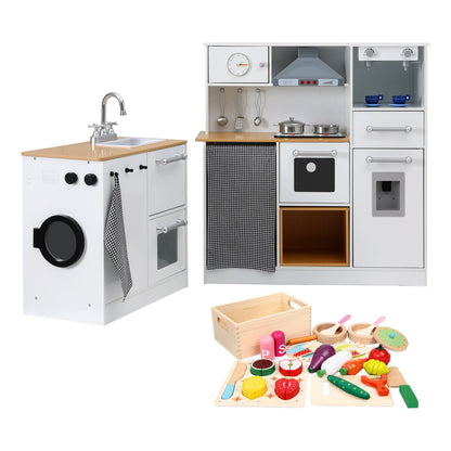 Keezi Kids Wooden Kitchen Playset 2-piece Pretend Toy Kitchen 29pc Food Set